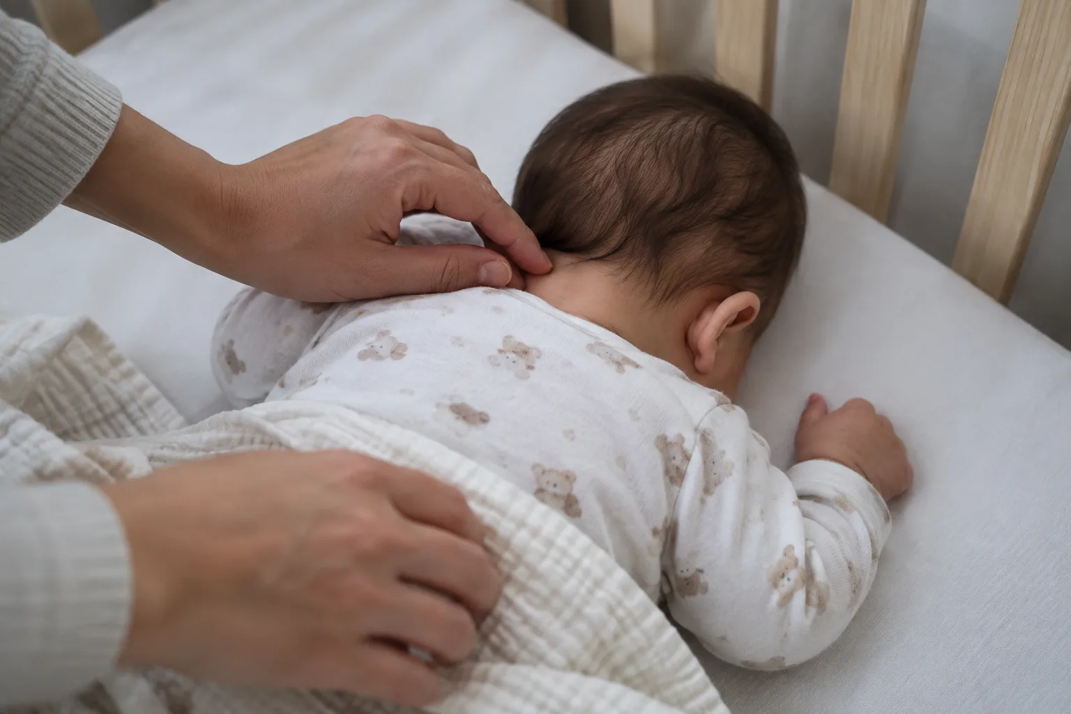 Une main vérifie délicatement la nuque d’un bébé installé dans son lit.
