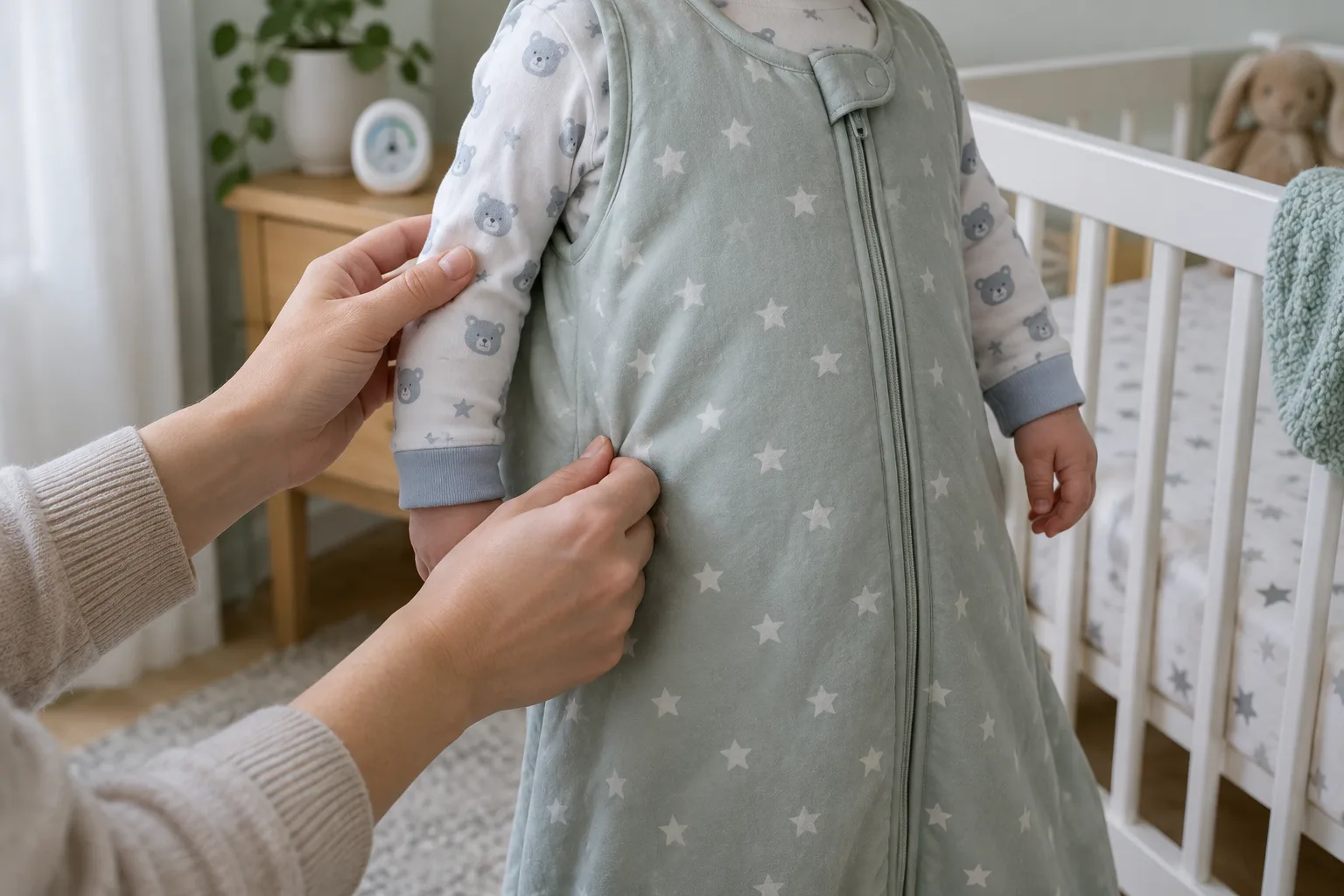 Un parent ajuste la tenue de nuit de bébé près d’un thermomètre de chambre.