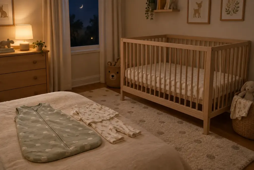Une gigoteuse et un pyjama en coton près du lit de bébé.