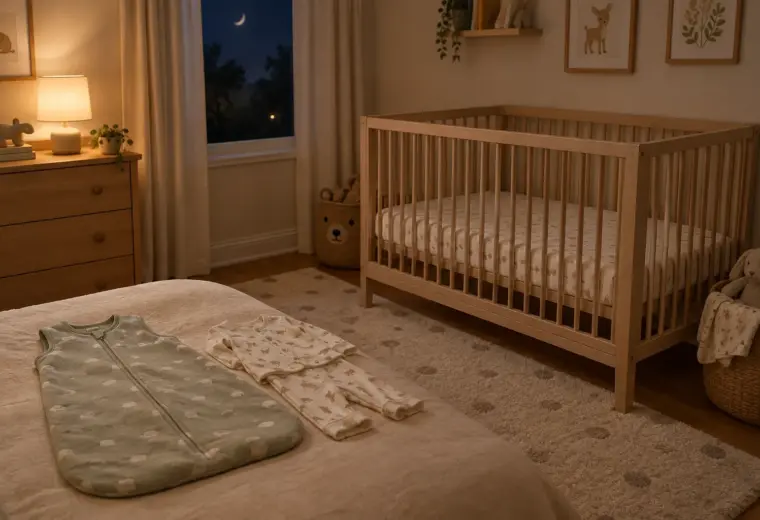 Une gigoteuse et un pyjama en coton près du lit de bébé.