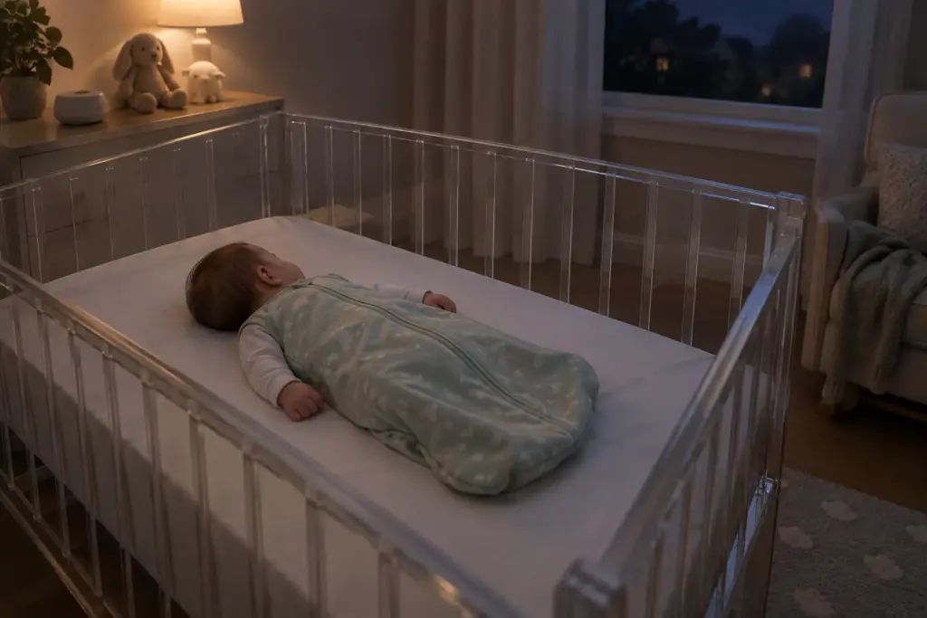 Bébé dort sur le dos dans une gigoteuse, dans un lit dégagé.