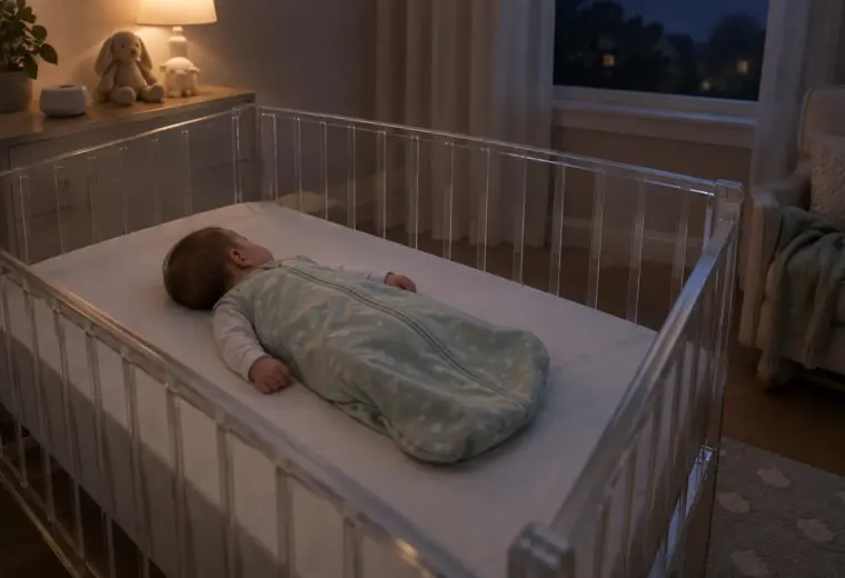 Bébé dort sur le dos dans une gigoteuse, dans un lit dégagé.