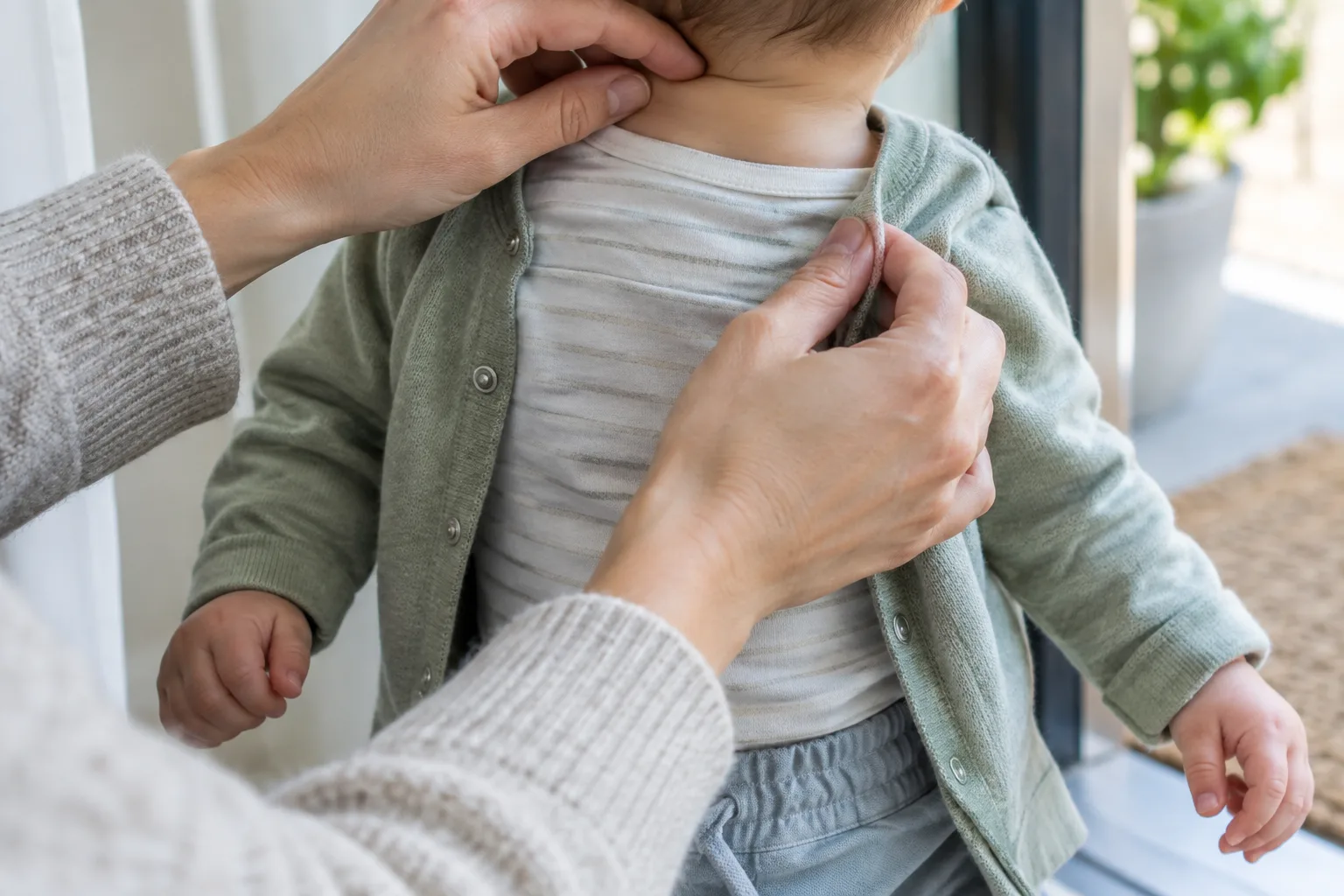 Un parent vérifie la nuque de bébé et ajuste une couche de vêtement avant de sortir.