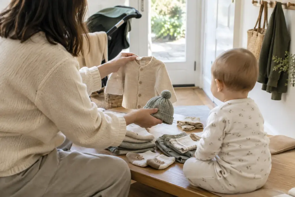Un parent prépare les vêtements de bébé près de la porte avant une promenade.