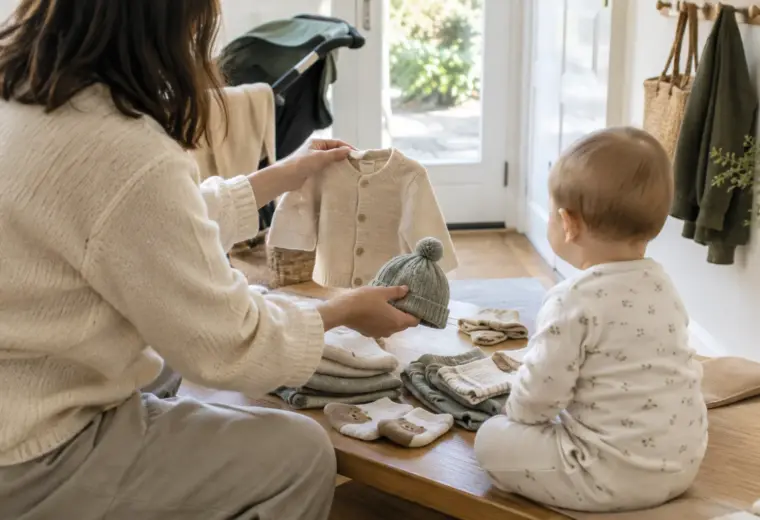 Un parent prépare les vêtements de bébé près de la porte avant une promenade.