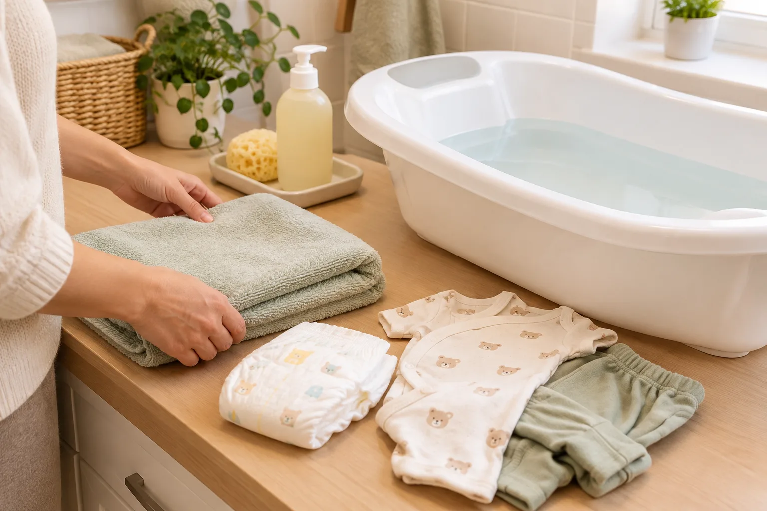 Une serviette, une couche et des vêtements propres sont disposés près de la baignoire de bébé.