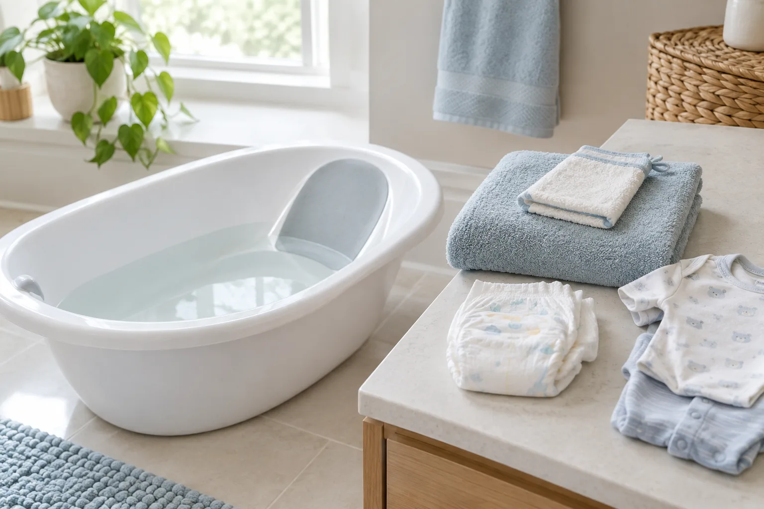 Une baignoire pour bébé et les affaires de toilette sont préparées à proximité.