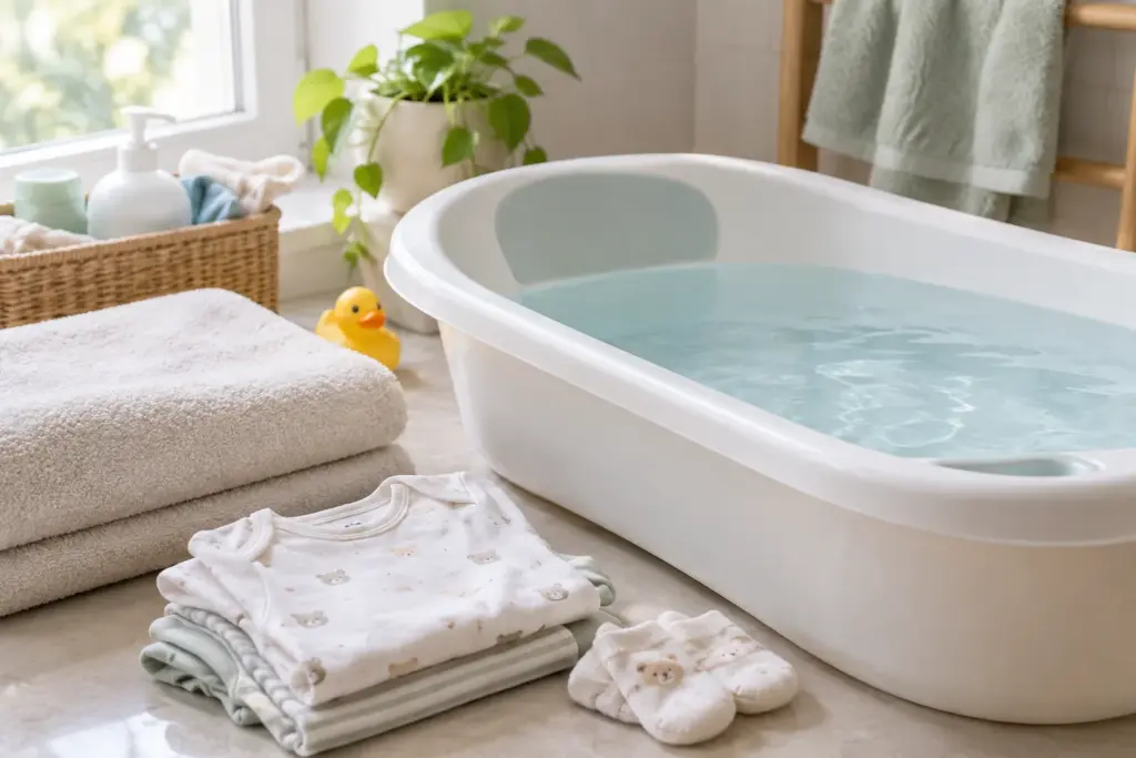 Une petite baignoire de bébé et une serviette sont prêtes dans une salle de bain lumineuse.