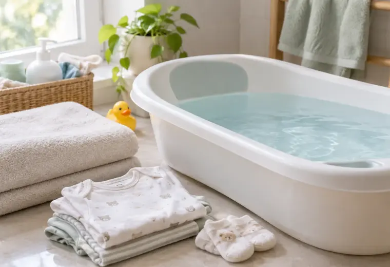 Une petite baignoire de bébé et une serviette sont prêtes dans une salle de bain lumineuse.