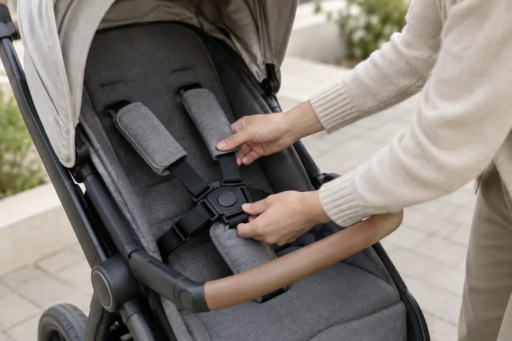 Un parent vérifie le harnais d’une poussette avant une promenade.
