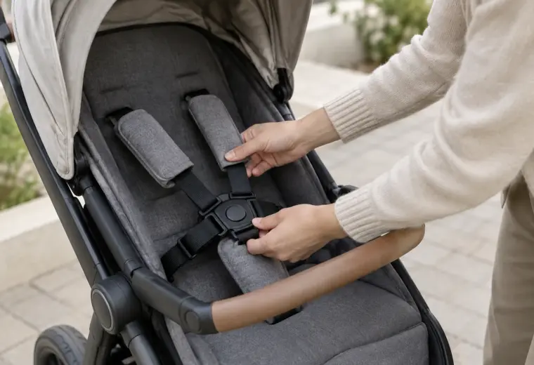 Un parent vérifie le harnais d’une poussette avant une promenade.
