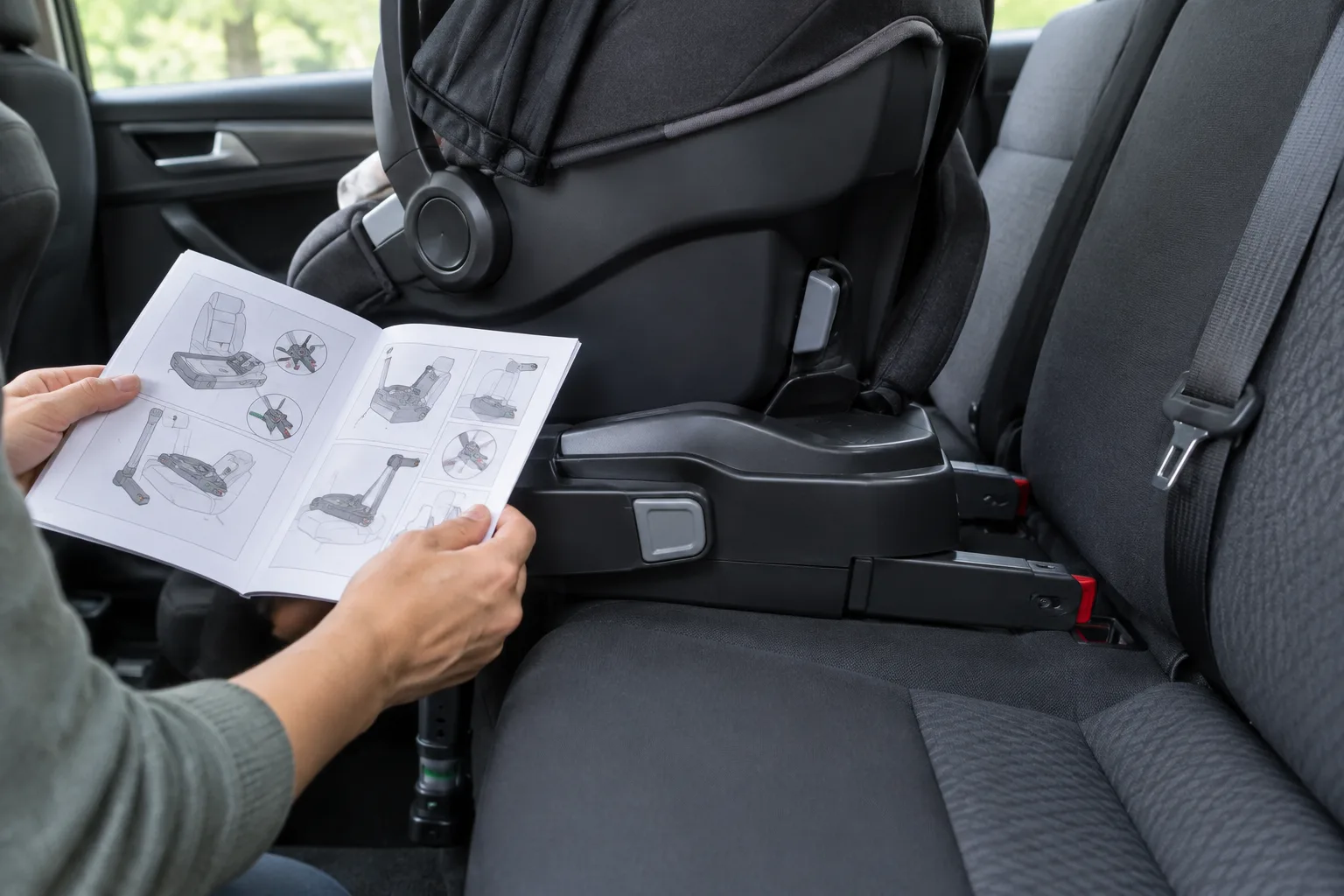 Des mains vérifient les attaches d’un siège-auto installé sur la banquette arrière.