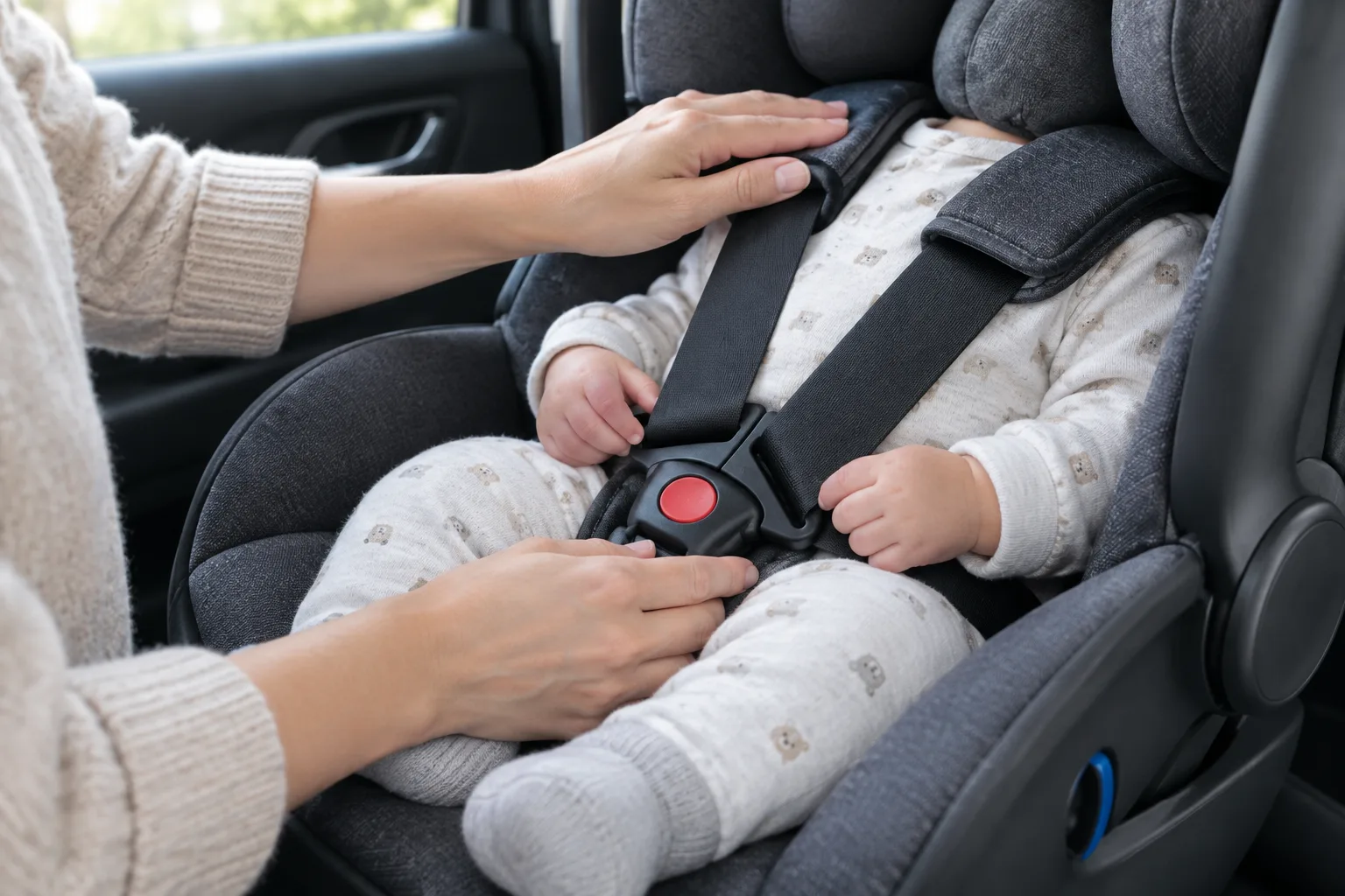 Gros plan sur un adulte qui vérifie les sangles du harnais d’un bébé dans son siège-auto.