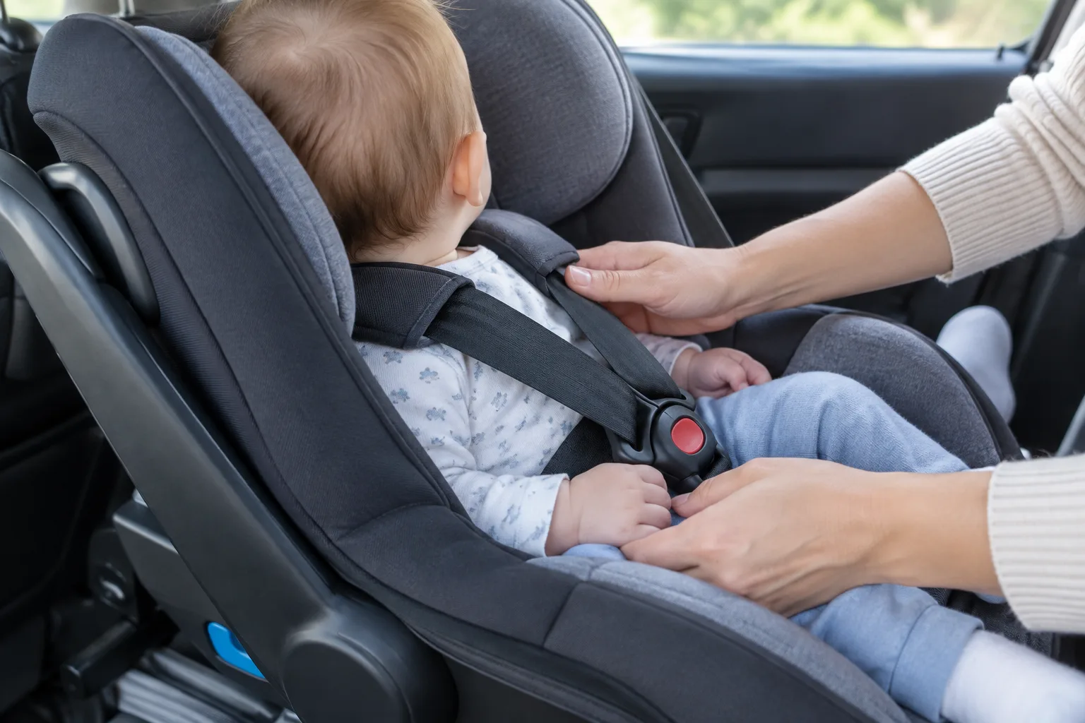 Gros plan sur un bébé installé dos à la route, avec le harnais posé à plat.