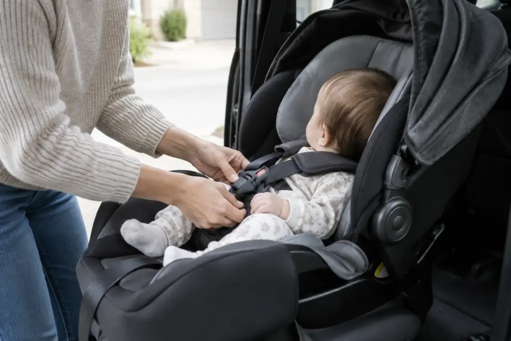 Un parent ajuste le harnais d’un bébé installé dans son siège-auto.