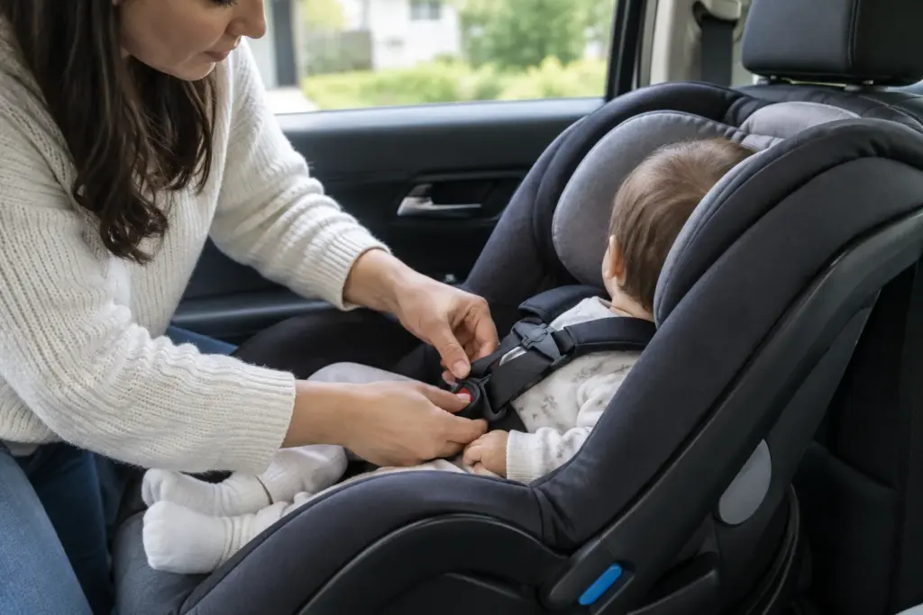 Un parent ajuste le harnais d’un bébé installé dans un siège-auto dos à la route.