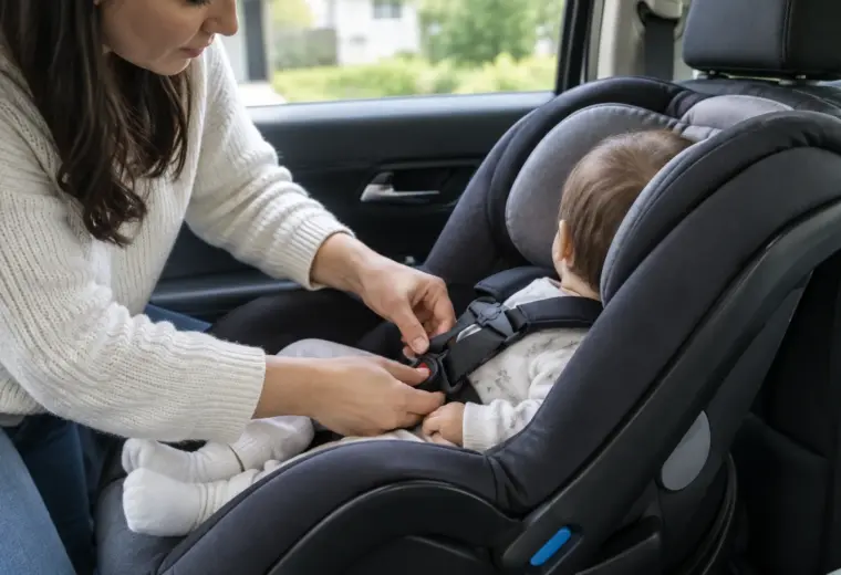 Un parent ajuste le harnais d’un bébé installé dans un siège-auto dos à la route.