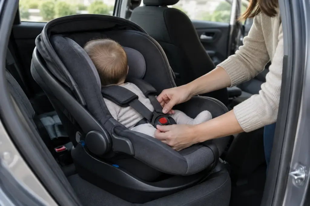 Un adulte ajuste le harnais d’un bébé installé dos à la route dans un siège-auto.