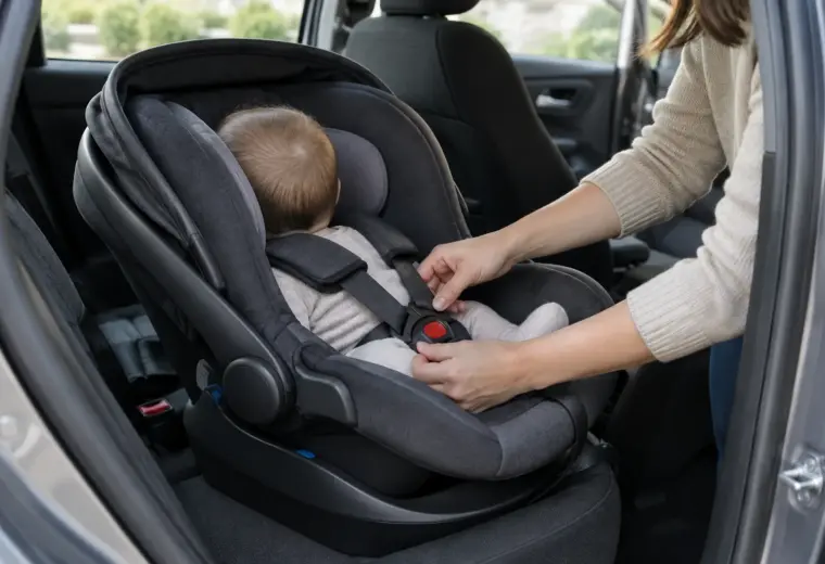 Un adulte ajuste le harnais d’un bébé installé dos à la route dans un siège-auto.