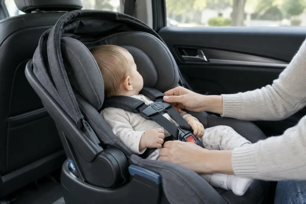 Un adulte vérifie le harnais d’un bébé installé dans son siège-auto à l’arrière d’une voiture.