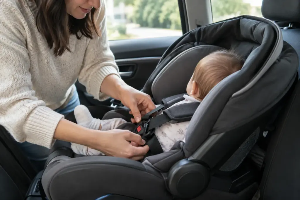 Un parent ajuste le harnais d’un bébé installé dans un siège-auto dos à la route.