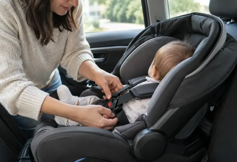 Un parent ajuste le harnais d’un bébé installé dans un siège-auto dos à la route.