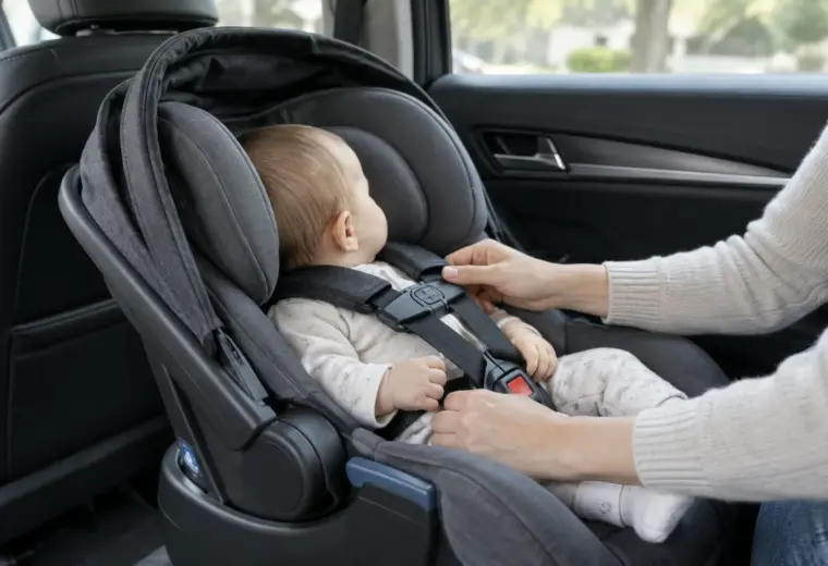 Un adulte vérifie le harnais d’un bébé installé dans son siège-auto à l’arrière d’une voiture.