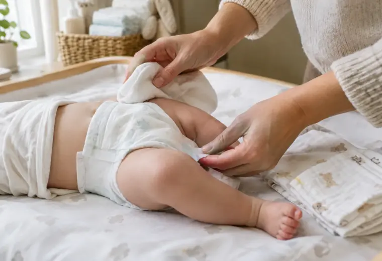 Les mains d’un parent changent doucement la couche d’un bébé installé sur un matelas à langer.