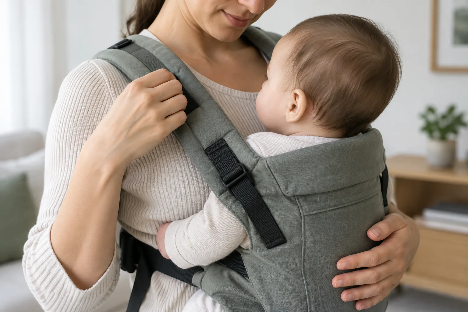 Un parent ajuste les sangles d’un porte-bébé en soutenant son enfant contre lui.