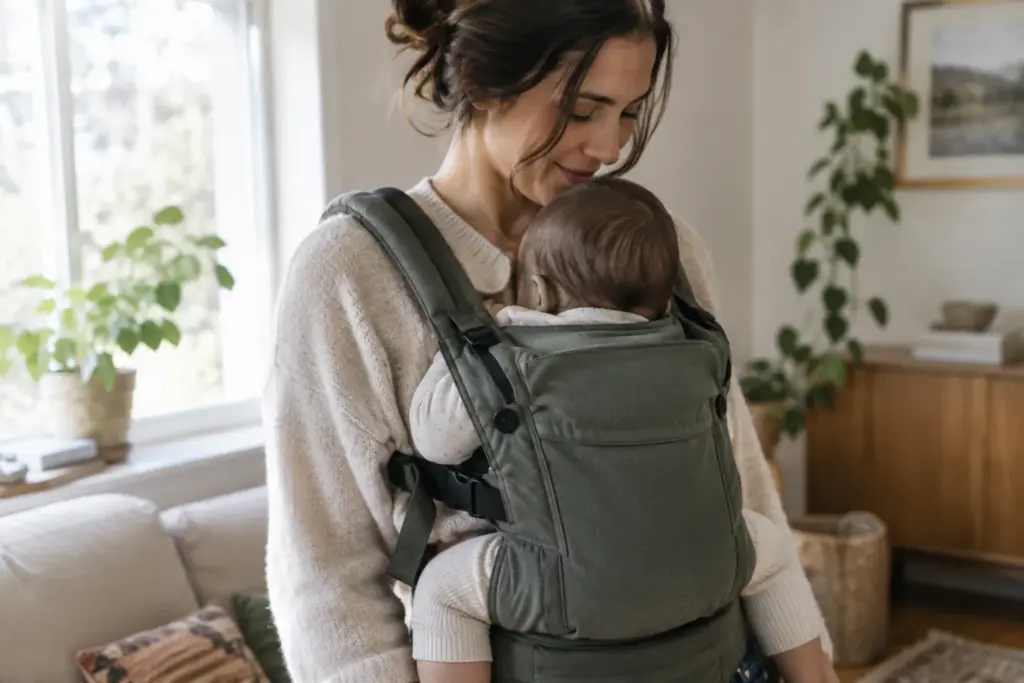 Un parent porte son bébé contre lui dans un porte-bébé réglé près du corps.