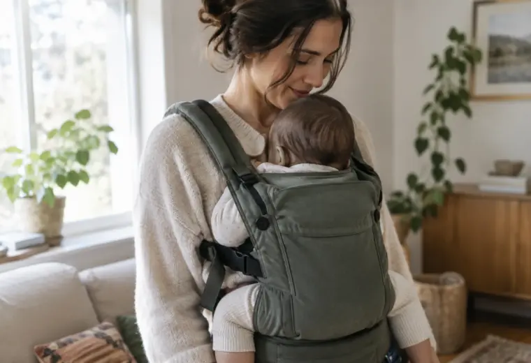 Un parent porte son bébé contre lui dans un porte-bébé réglé près du corps.