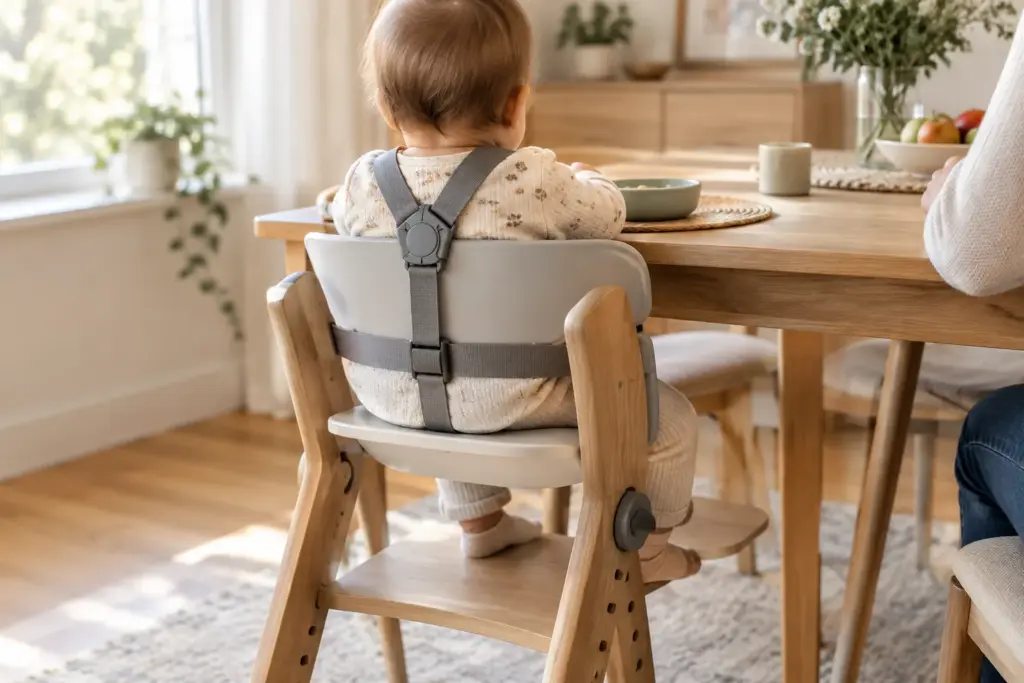 Bébé assis dans une chaise haute stable près de la table familiale.