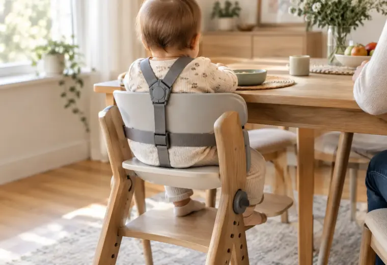 Bébé assis dans une chaise haute stable près de la table familiale.
