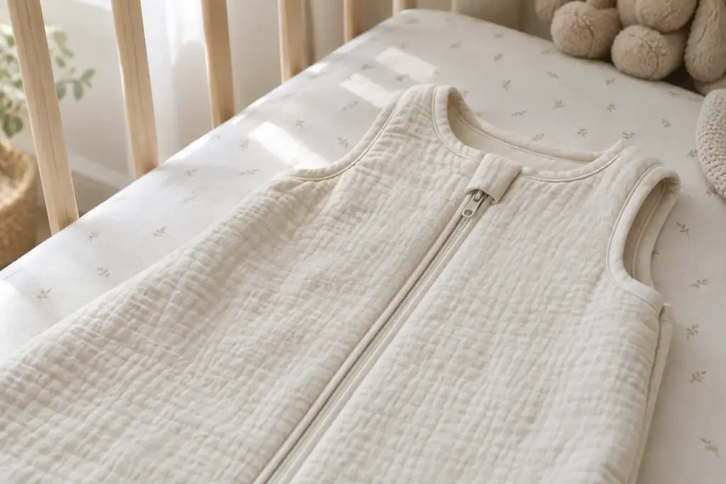 Gigoteuse en coton posée sur un matelas de lit pour bébé.