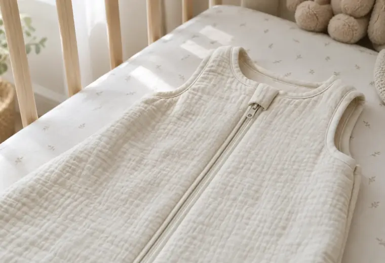 Gigoteuse en coton posée sur un matelas de lit pour bébé.