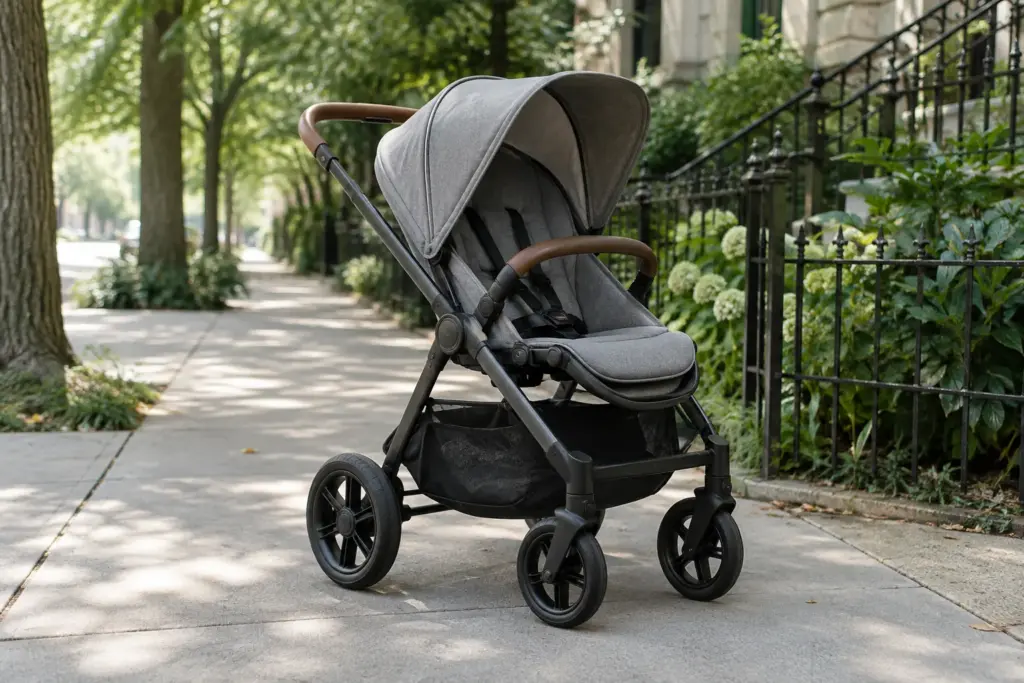 Une poussette compacte installée sur un trottoir calme, près d’un espace vert.
