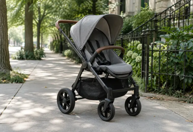 Une poussette compacte installée sur un trottoir calme, près d’un espace vert.