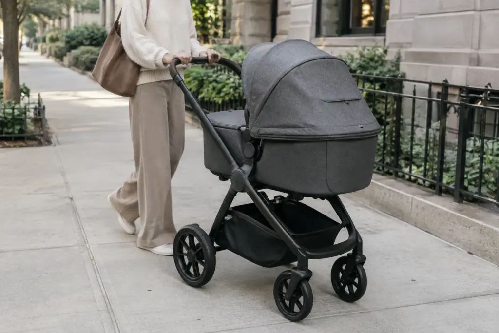 Poussette de bébé prête pour une promenade sur un trottoir calme.