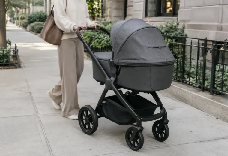 Poussette de bébé prête pour une promenade sur un trottoir calme.