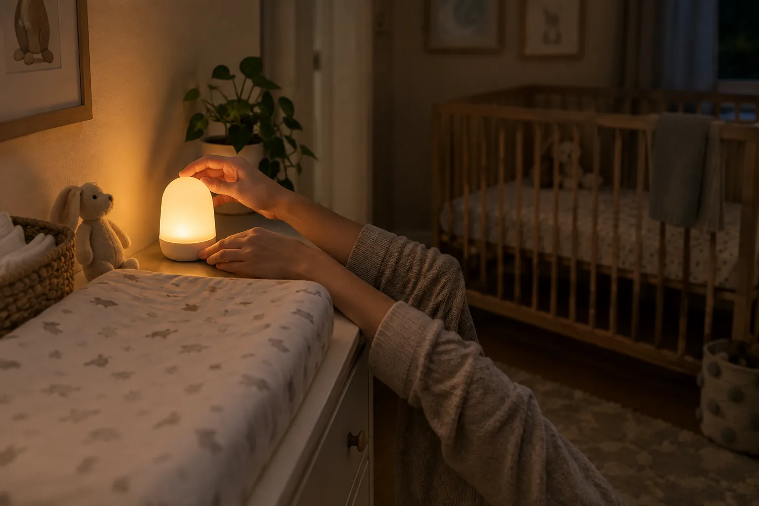 Une main règle une veilleuse placée près de l’espace de change, à distance du lit.