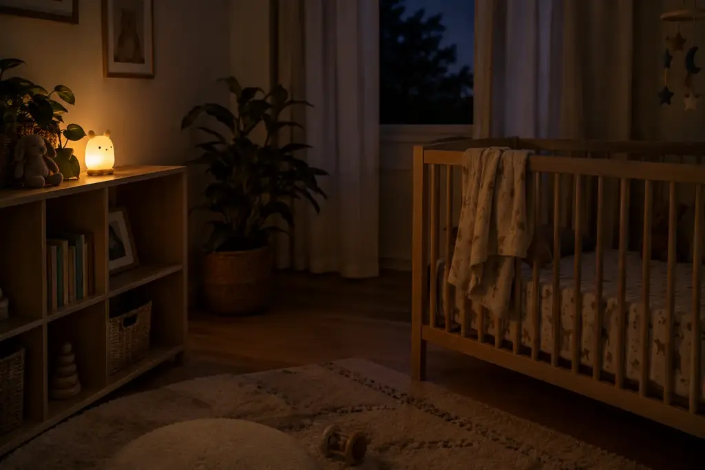 Une veilleuse discrète éclaire doucement une chambre de bébé, à distance du lit.
