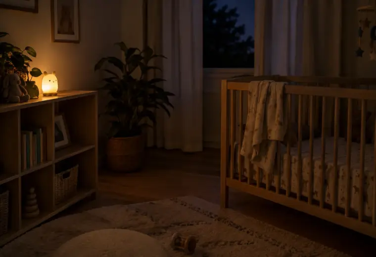 Une veilleuse discrète éclaire doucement une chambre de bébé, à distance du lit.