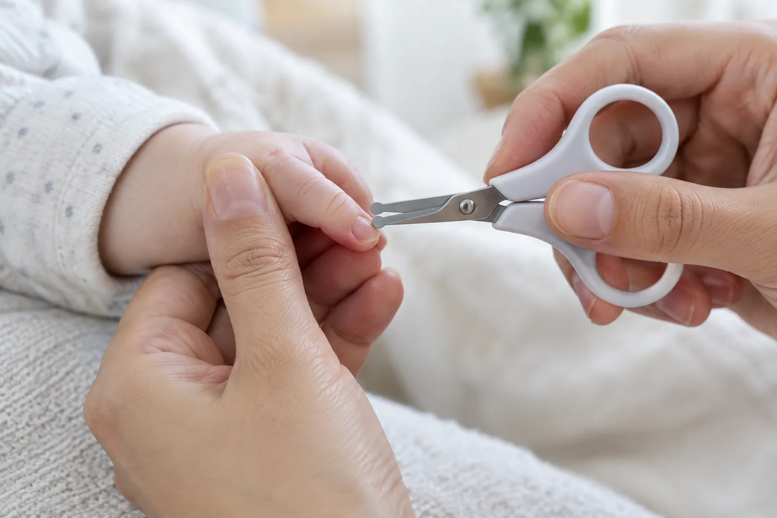 Un parent tient doucement le doigt d’un bébé près de ciseaux adaptés aux tout-petits.