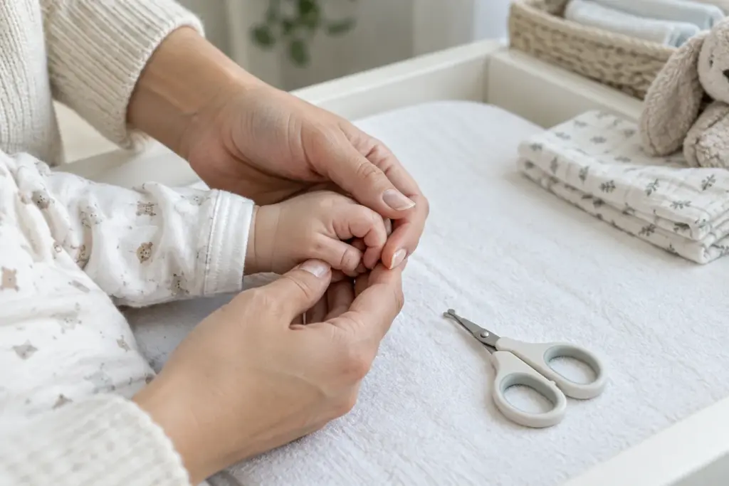 Une main de parent tient doucement la main d’un bébé près d’une paire de ciseaux à bouts ronds.