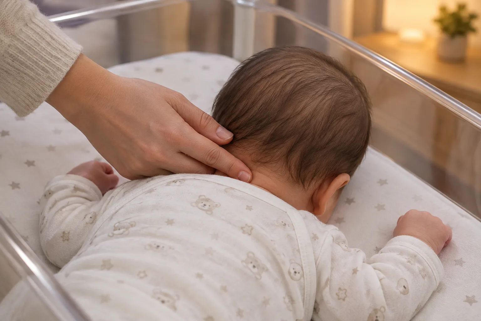 Une main touche doucement la nuque d’un bébé couché dans son lit.