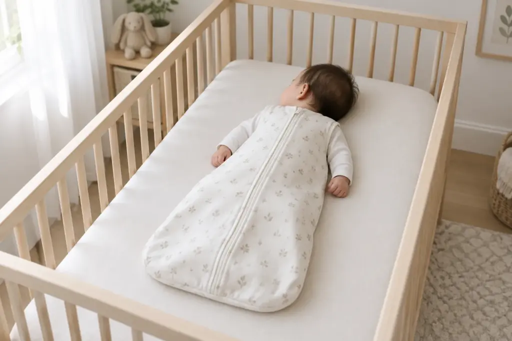 Un bébé dort sur le dos dans une gigoteuse ajustée, dans un lit dégagé.