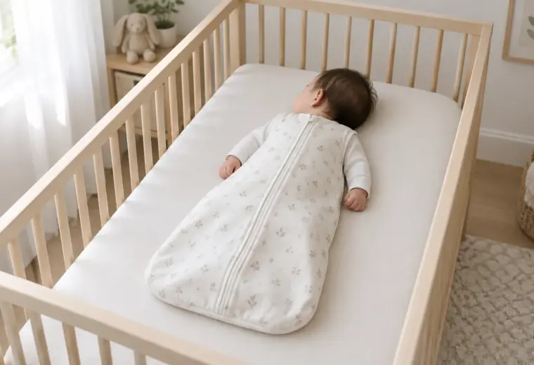 Un bébé dort sur le dos dans une gigoteuse ajustée, dans un lit dégagé.