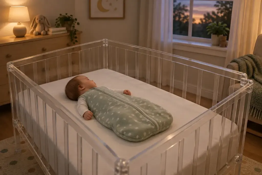 Un parent vérifie la nuque de son bébé installé dans son lit avant le coucher.