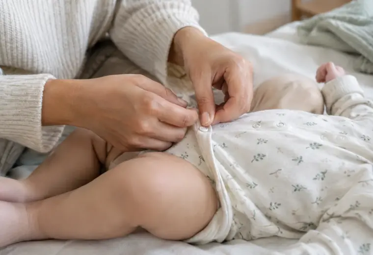 Un adulte ajuste délicatement une couche de vêtements en coton sur un bébé.
