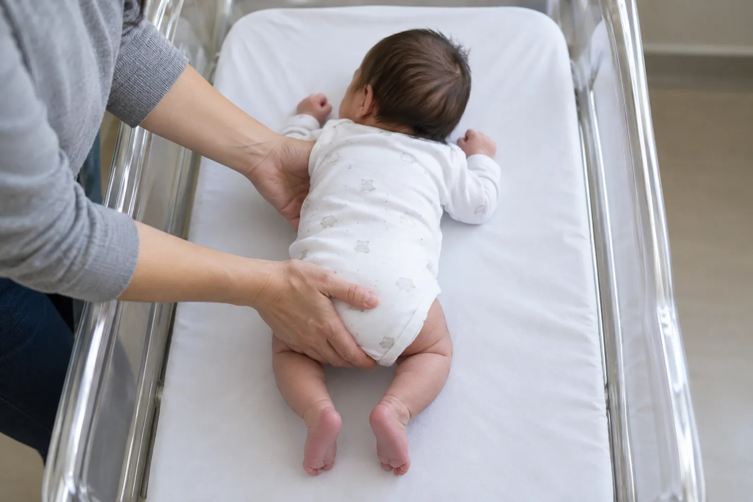 Des mains installent un bébé sur le dos dans un lit dégagé, avec seulement un drap-housse.